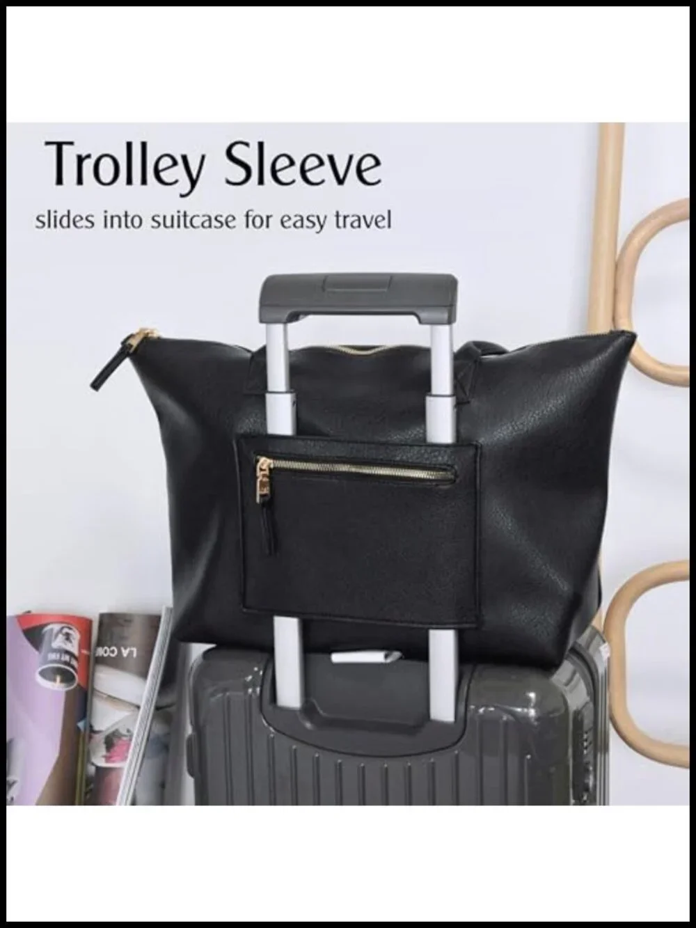 Large Vegan Leather Tote Bag with Zipper and Luggage Sleeve